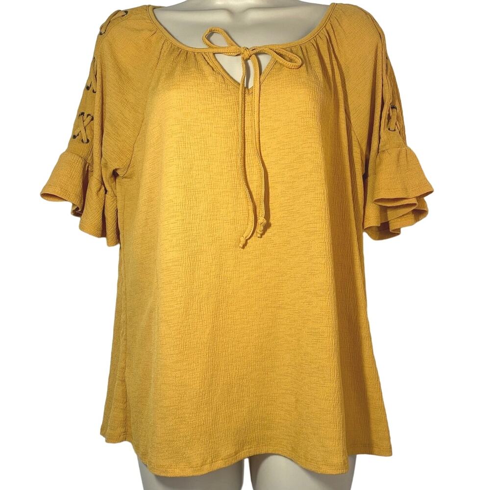 NAIF Anthropologie Boho Gold Corset Detail Bell Ruffle Sleeve Blouse women sz M